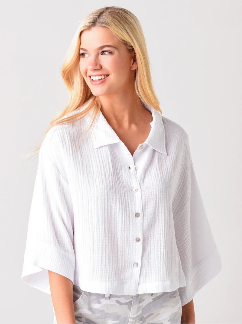 Z Supply White Gauze Button-Front Collared Crop Blouse Dolman Sleeve Boho Summer